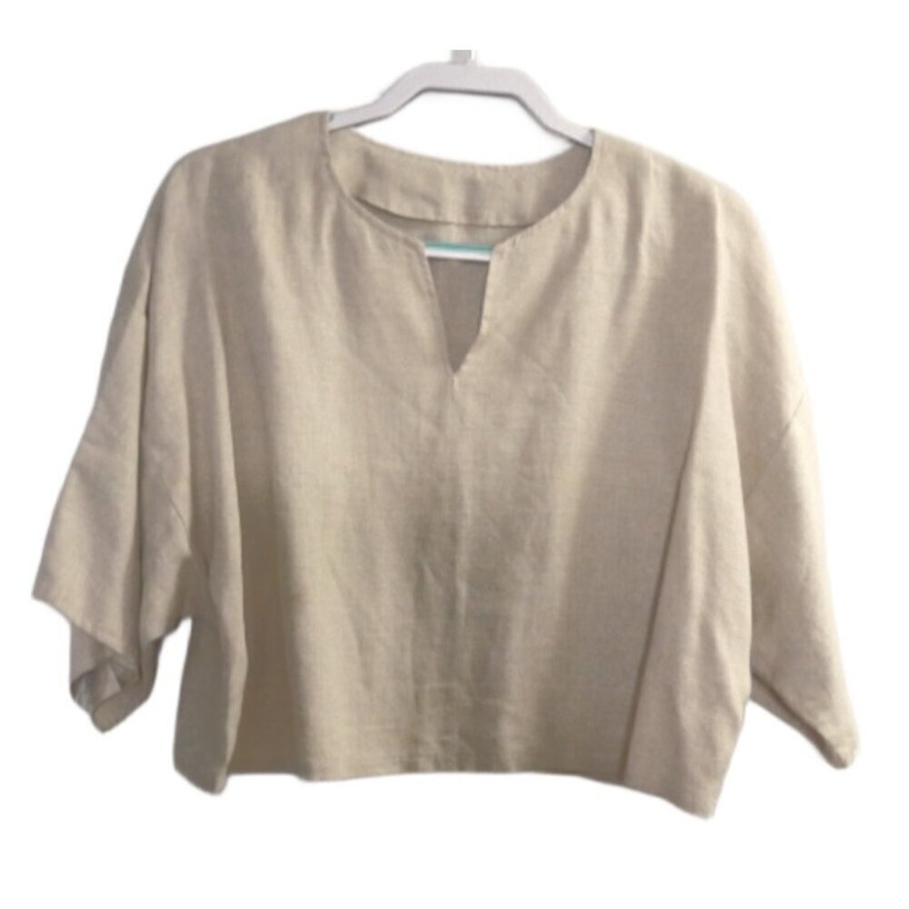 Women's tan linen crop top V Neck 1/2 lined sleeves size XL
